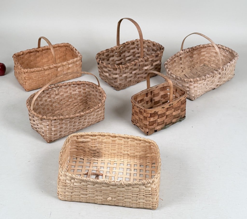 Group Six Split Wood Garden Flower Baskets: Largest: 13" high, 21 5/8" wide, 13 1/8" deep. Age and use wear, soiling, losses.