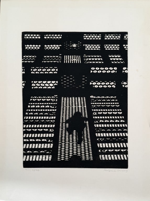 M. Grinberg, Woodblock Print: "Chinatown Bricks" by Monique L. Grinberg, signed lower right in margin. Paper size: 24" high, 18" wide. Toning, damaged glass and frame.
