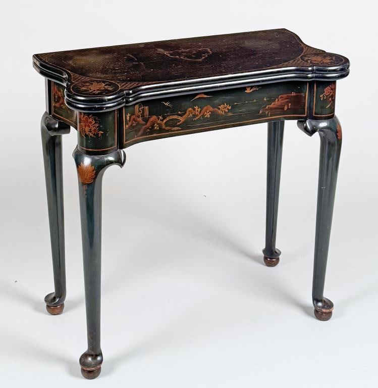 English Queen Anne Style Green Lacquer Game Table: with gold Chinoiserie design. 29" high, 30" wide, 15" deep; open: 28" high, 30" wide, 30" deep. Light age and use wear, stain at center.