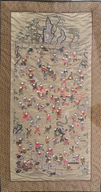 Chinese Embroidered Silk Hanging Panel: worked with 100 boys motif. Frame size: 41 1/2" high, 23 1/4" wide; textile: 38 3/4" high, 20 3/4" wide. Wrinkling, soiling to silk, acrylic frame with scratches, losses.