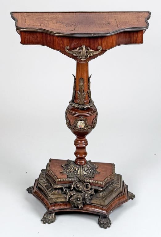 Small Victorian Bronze Mounted Walnut Console: serpentine top with foliate brass beading, central column with enamel cameo inset, on stepped plinth. 33 1/2" high, 24 1/2" wide, 12 1/8" deep. Age and use wear, oxidation to d'ore mounts.