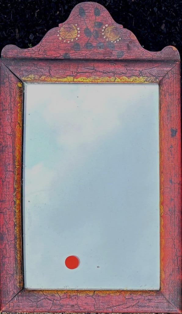 Queen Anne Painted Courting Mirror: with arched crest and molded frame. 17" high, 10" wide. Age and use wear, crest slightly loose, missing bottom ornament.
