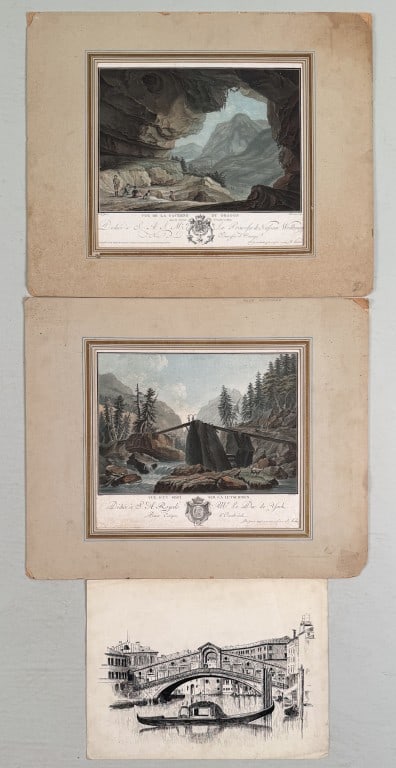 C. Wolf, Pair Handcolored European Engravings: Caspar Wolf (Swiss, 1735-1798), pair of architectureal engravings, engraved by Descourlis, together with an unsigned pen and ink sketch of the Rialto Bridge. Larger: 18" high, 22" wide.