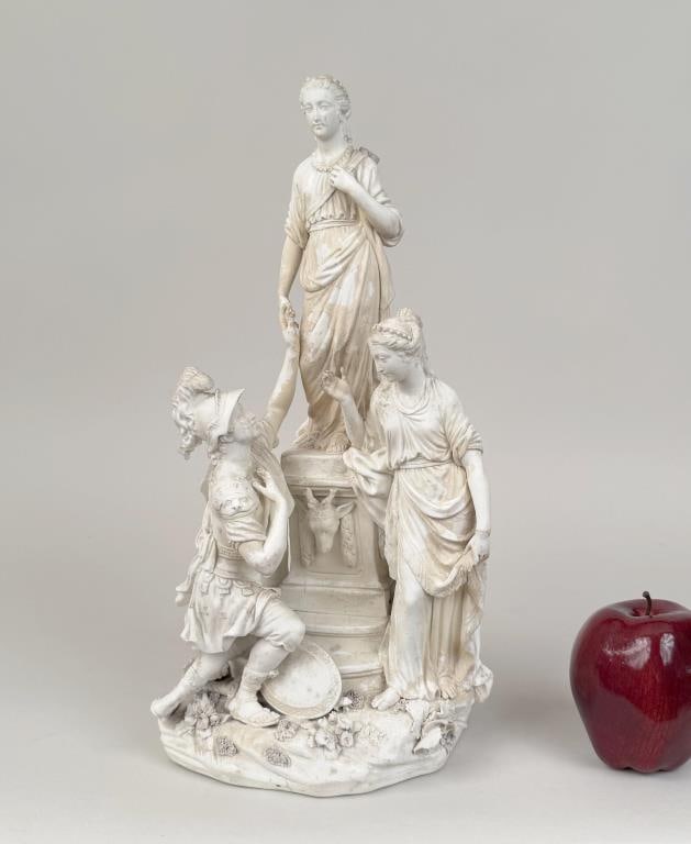 18th C. Crown Derby Parian Classical Group: Jason & Minerva at the altar of Goddess Diana from Roman mythology; circa 18th C. 14 1/2" high, 6 1/2" wide, 5 3/4" deep. Old repairs, small scattered losses.