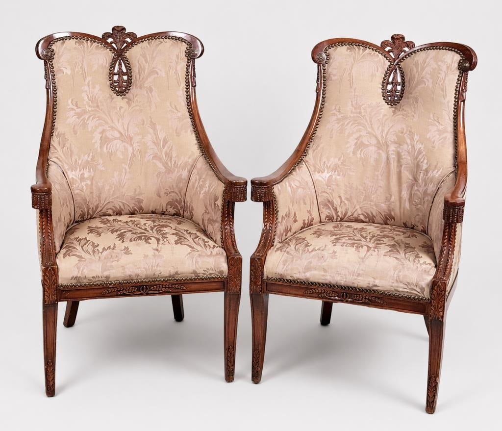 Pair Art Nouveau Style Carved Walnut Easy Chairs (1 of 11)