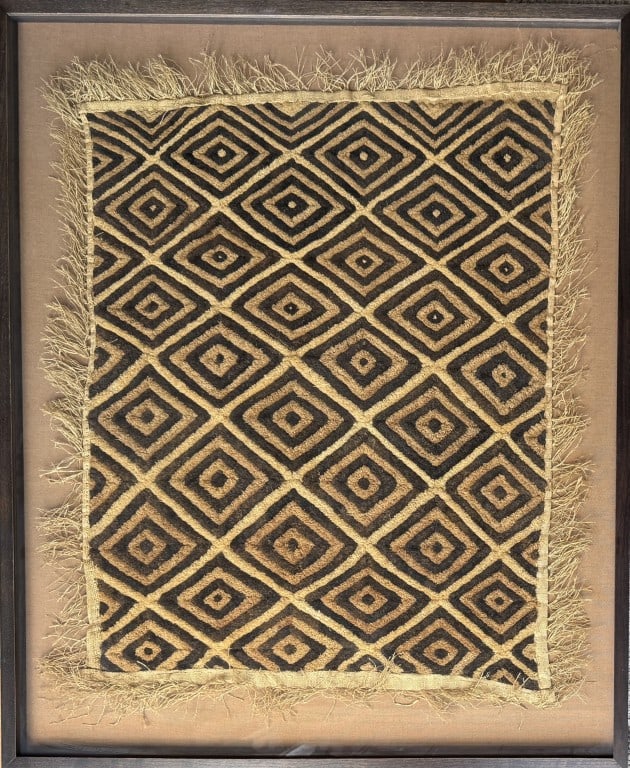 African Kuba Framed Weaving: with geometric patterns, likely plant fibers. Frame size: 37 34" high, 31" wide. Not examined out of frame.