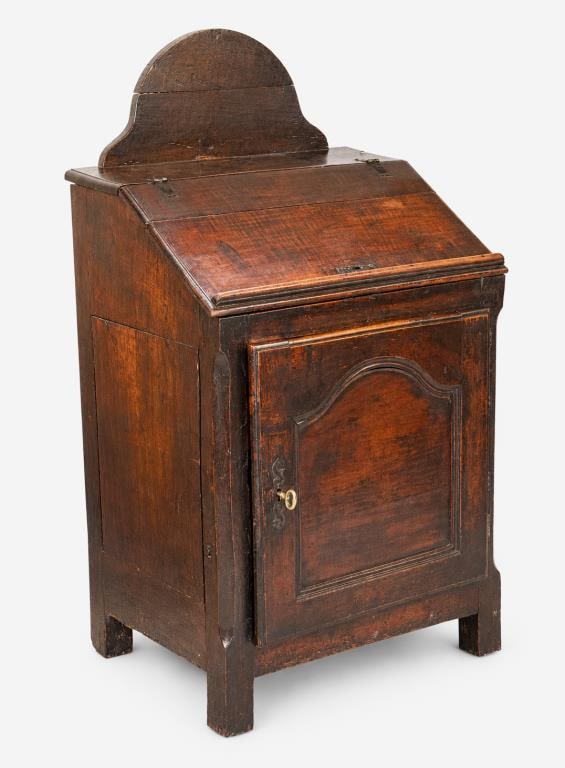 French Provincial Slant Lid Clerks Desk: ached back, lift-up lid with interior locking compartment. 51 3/4" high, 28 3/4" wide, 21 1/2" deep. Age and use wear.