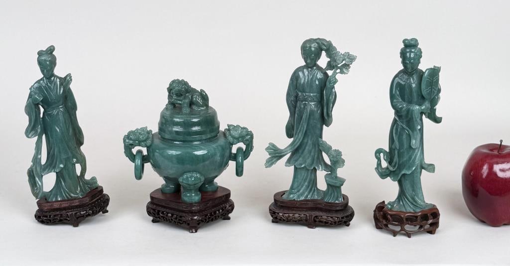 Three Chinese Carved Hardstone Figures & Censer: each carved from spinach green stone. Largest on base: 8 3/4" high, 2 1/4" wide, 1 1/2" deep.