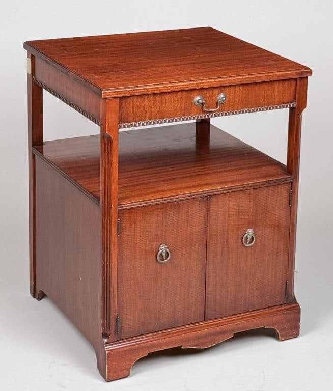 Directoire Style Mahogany Bedside Cabinet: 28 1/2" high, 22" wide, 21" deep. Age and use wear, loose top, a few water ring marks, indentations.