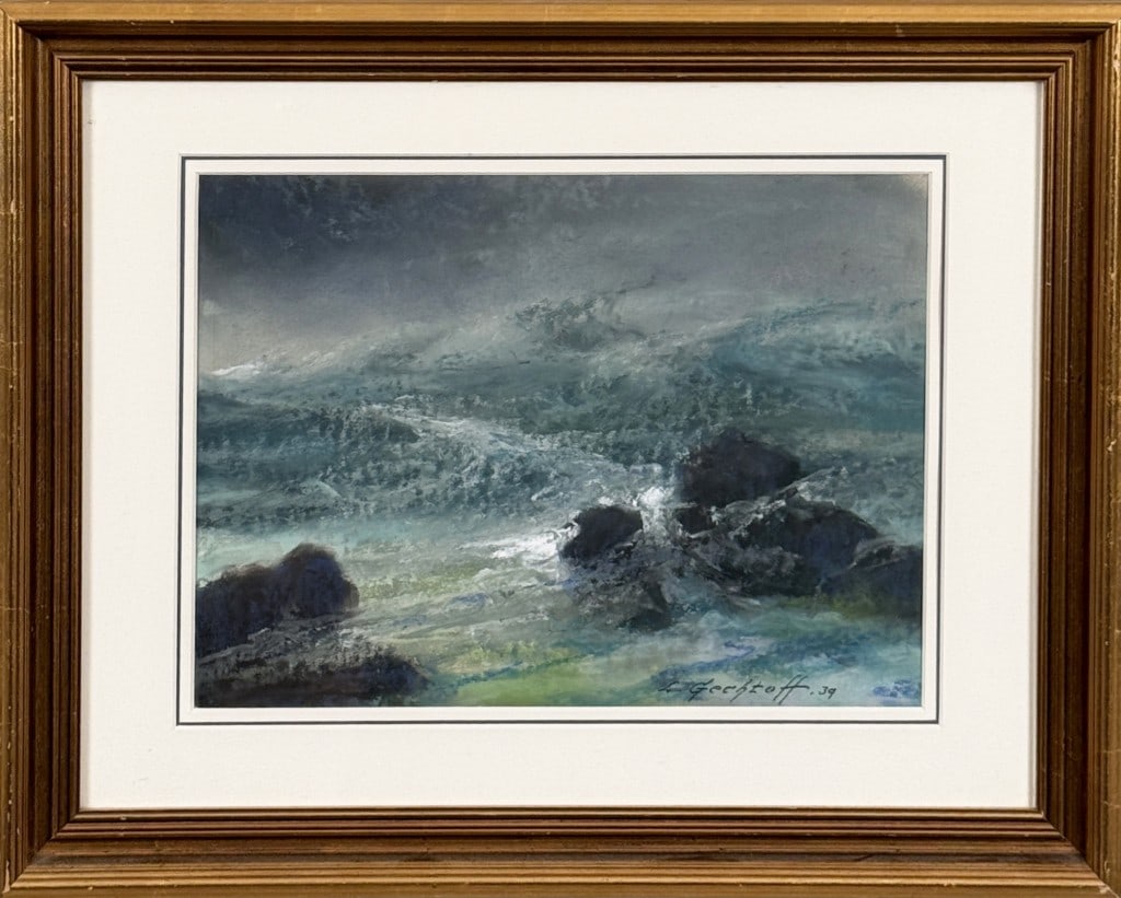 L. Gechtoff, Seascape Pastel: Leonid Gechtoff (Russian/American, 1883-1941), signed and dated '39 lower right. Frame size: 16 1/2" high, 20 1/2" wide; Sight size: 10" high, 13 1/2" wide. Not examined out of frame.