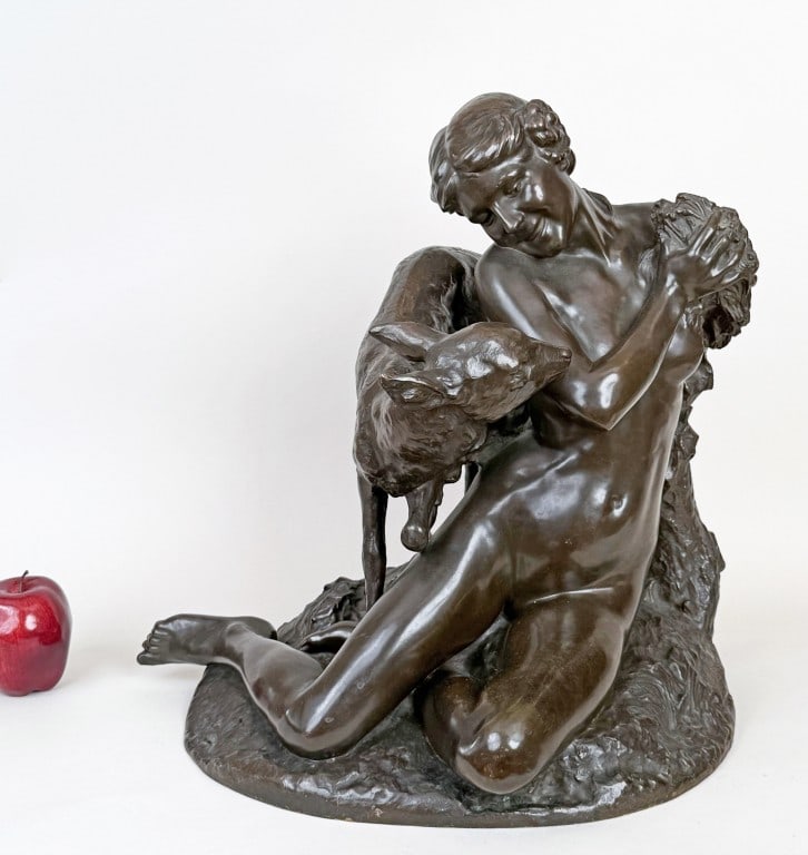 Boyriven, Woman & Fawn Bronze: Jacques Boyriven (French, active early 20th century) seated nymph with faun in naturalistic setting, signed on base and dated 1911, numbered 244 with Siot-Paris foundry stamp verso. Older auction stic