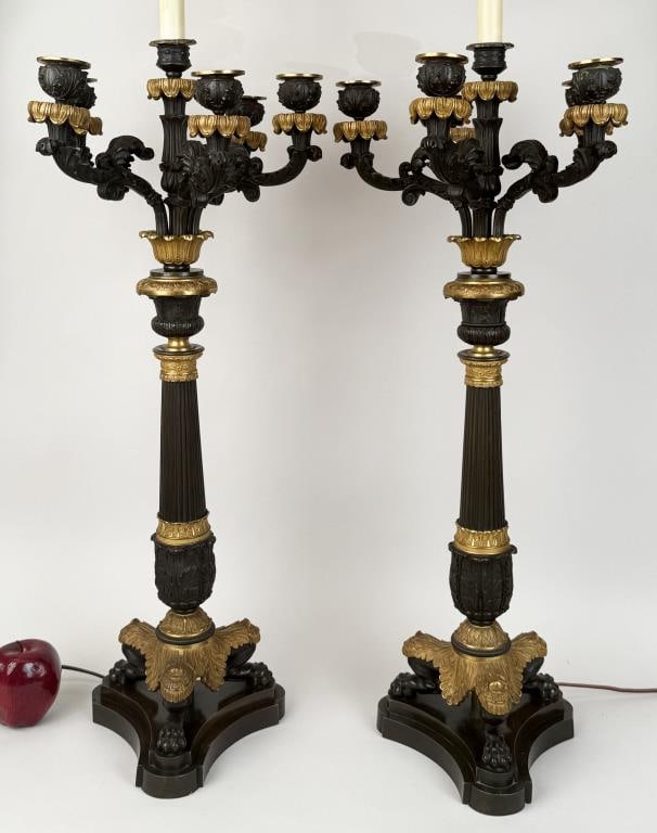 Pair Empire Style Metal & Parcel Gilt Table Lamps: candlestick form. 40" high, 12" wide, 12" deep. Light wear to black fields.