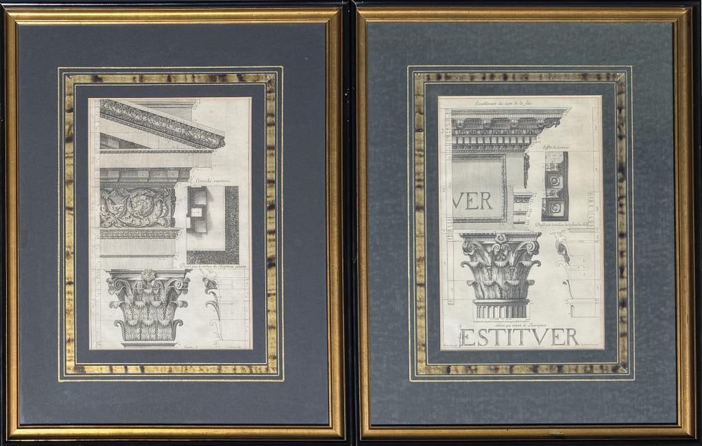 Pair Framed Architectural Engravings: comprising Corinthian order from the Temple of Vespasian and Titus (historically misidentified in some texts as the Temple of Jupiter Tonans) and the Corinthian entablature, and a pilaster capital fro