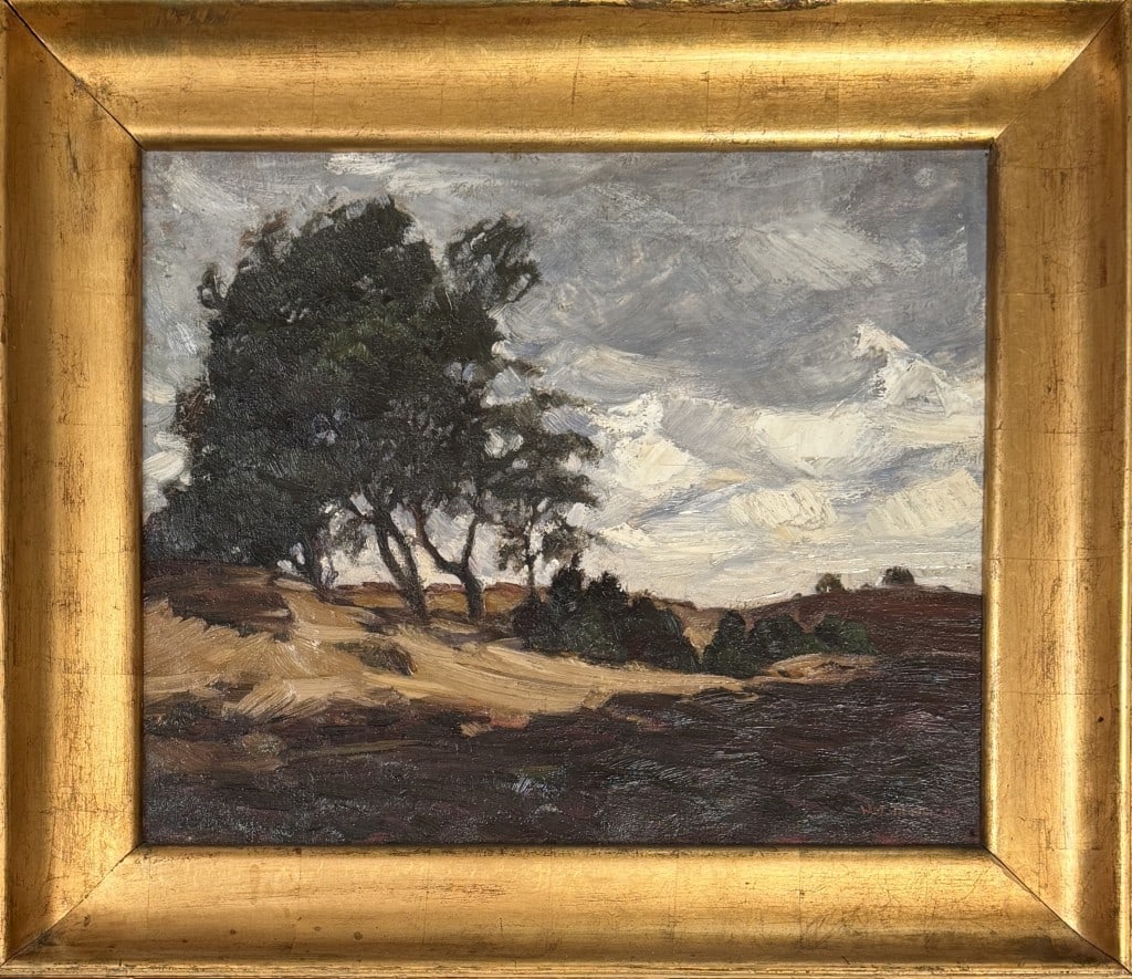 W. Tiedjen, Country Landscape Scene: Willy Tiedjen (Germany, 1881-1950), oil on canvas landscape, signed lower right and dated "'04". Frame size: 24" high, 27 3/4" wide. Frame wear.