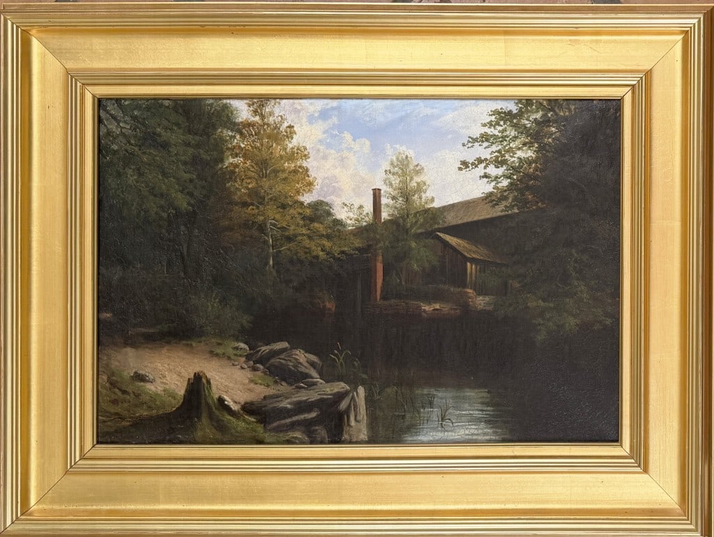 Signed Painting, Watermill Scene: oil on canvas, signed indistinctly lower left. Frame size: 24 1/4" high, 32 1/8" wide.