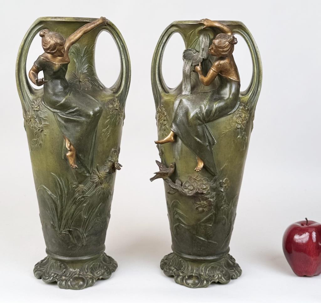 F. Moreau, Pair Art Nouveau Spelter Vases