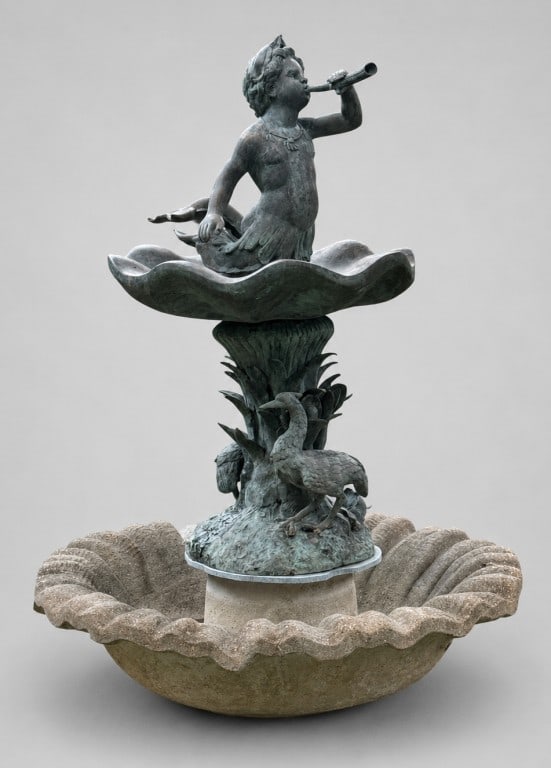 Monumental Bronze & Concrete Triton Fountain: featuring putti di mare bronze Triton fountain element with cranes at the feet on a giant concrete flower form base. Bronze portion: 50" high, 20" diameter; base: 49" diameter. Crack in base, oxidatio