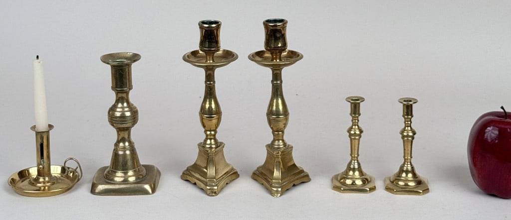 Group Seven Antique Brass Candlesticks (1 of 8)
