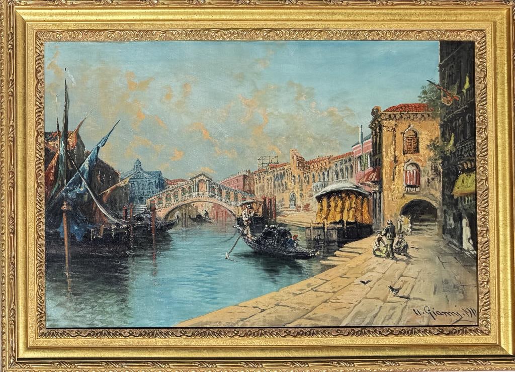 Gianni, Rialto Bridge, Venice 1911: oil on canvas, signed and dated lower right. Frame size: 25 7/8" high, 35 7/8" wide. Small losses.