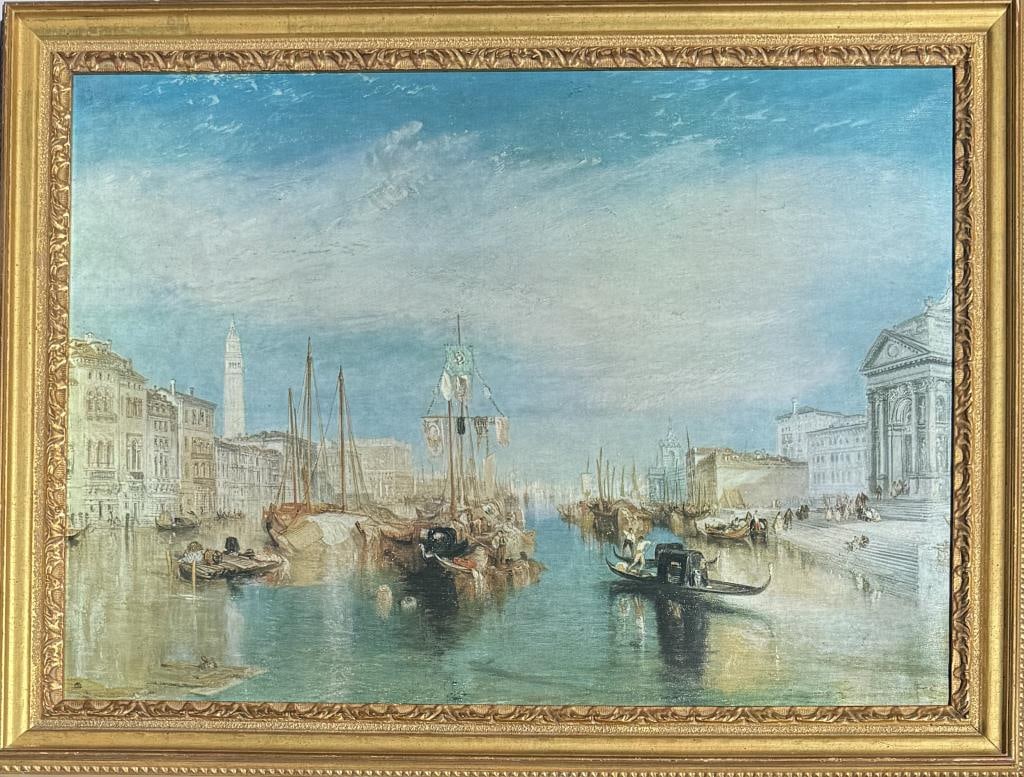 Print of Grand Canal, Venice: embellished Giclee print on canvas. Frame size: 24" high, 31 3/4" wide. Small losses.
