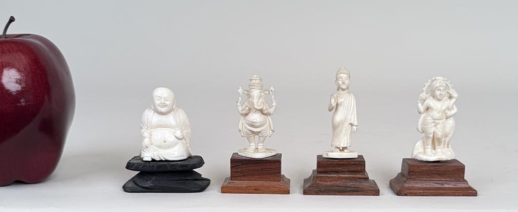 Group Four Carved Miniature Deities: comprising two Buddhas and the gods Ganesh and Shiva. Tallest: 2 3/4" high, 1 5/8" wide, 7/8" deep.