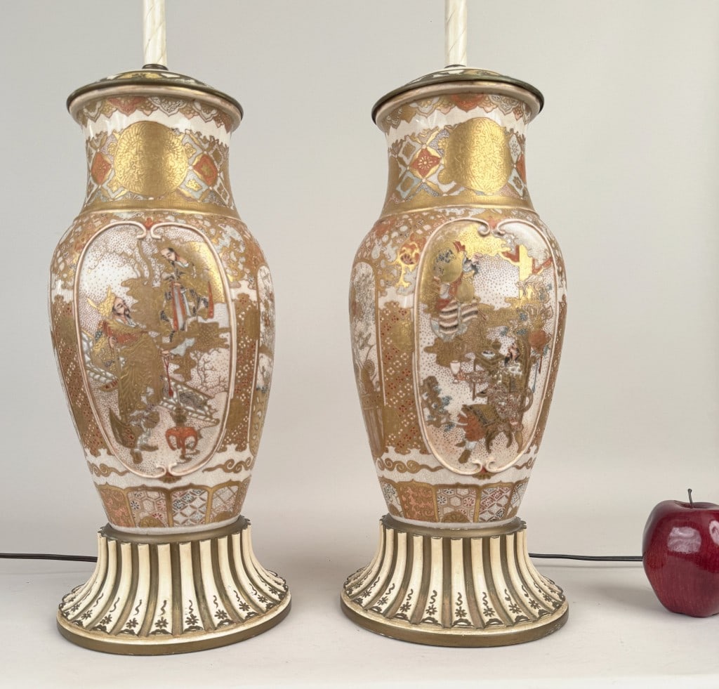 Pair Japanese Satsuma Porcelain Vases: as lamps: 21 3/4" high, 7" diameter; vases approximately 12" high, 6" wide, 5 1/2" deep. Chip, crazing.