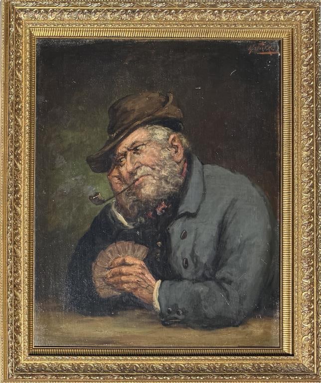 G. Farke, Older Gentleman Card Player: Continental 19th century oil on canvas, signed "G. Farke" upper right. Frame size: 32 3/4" high, 27 3/8" wide. Age and use wear, scratches, areas of thin paint.