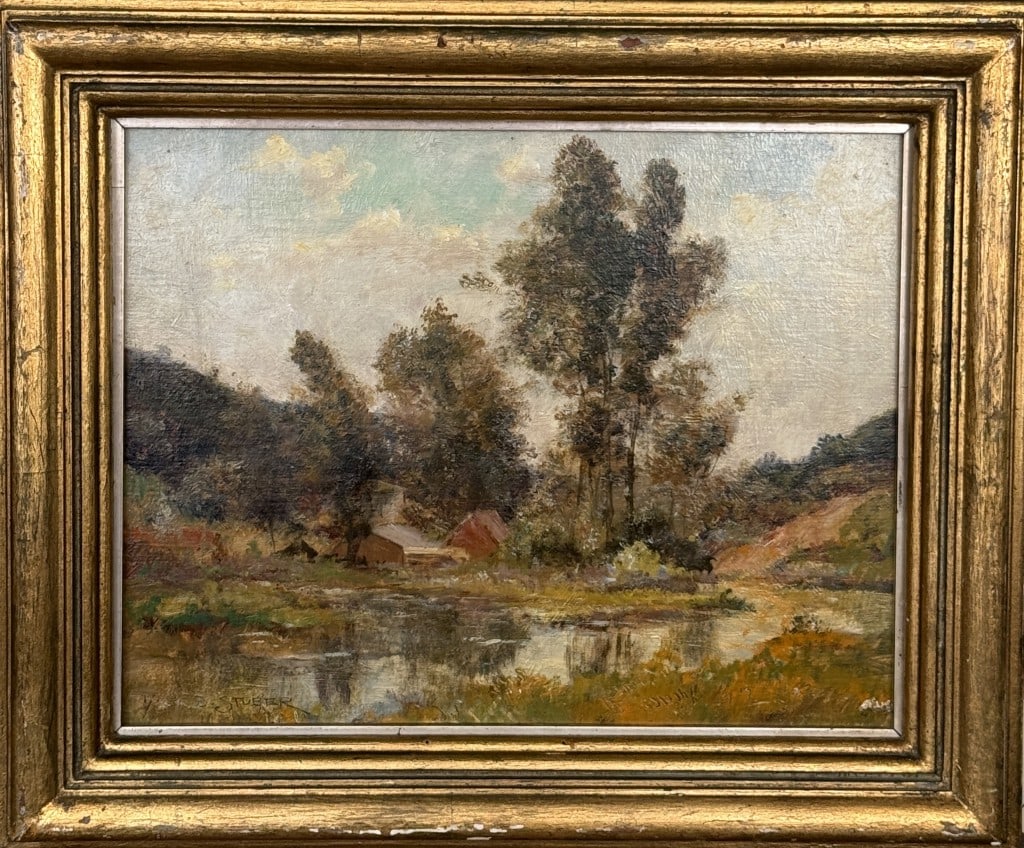 D. Stuber, Painting "The Little Village": Dedrick Stuber (American, 1878-1954), oil on board, signed lower left and titled verso. 14 3/4" high, 17 3/4" wide.