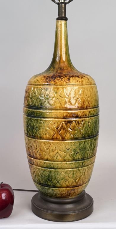 Attributed Bitossi, Italian Ceramic Lamp: 34" high, 7 3/4" diameter; ceramic: 18" high. Crazing, glaze chip; untested.