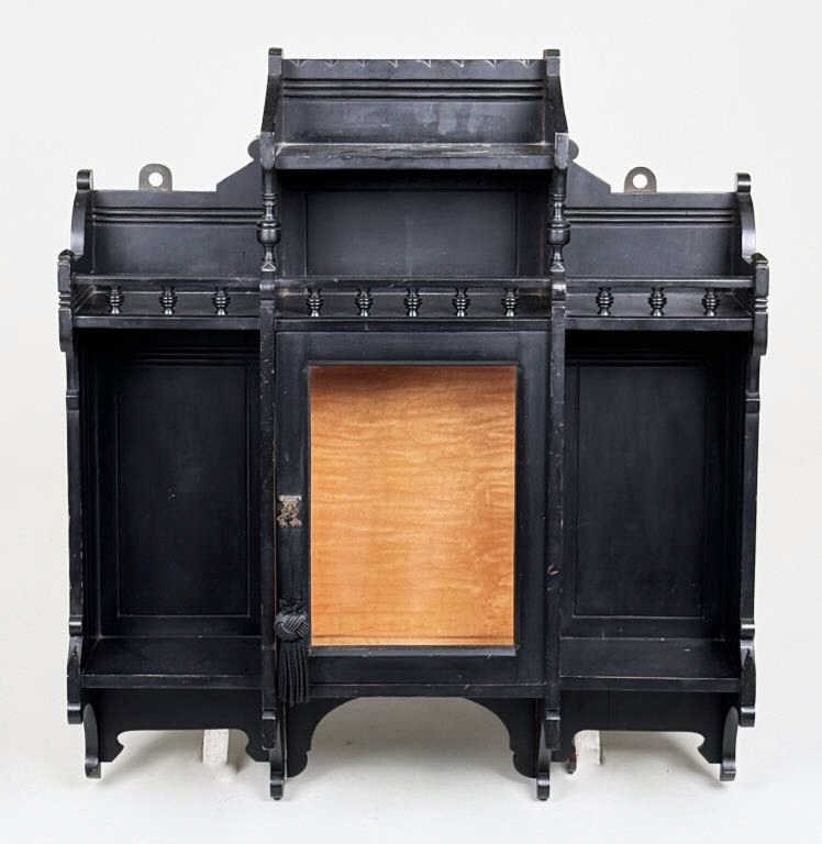 Eastlake Style Black Painted Wall Cabinet: 29" high, 25 5/8" wide, 6 5/8" deep. Small losses.