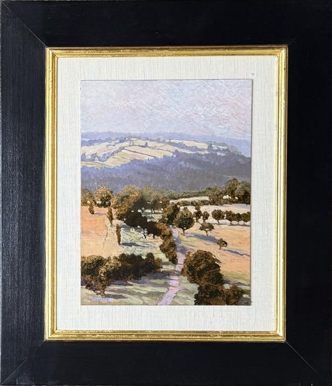 K. Lovelace, Oil on Copper, "Turenne Hillside": Kent Lovelace (American 1953-2017), oil on copper landscape scene, signed lower left. Frame: 20 1/2" high, 17 5/8" wide; sight: 12" high, 9" wide.