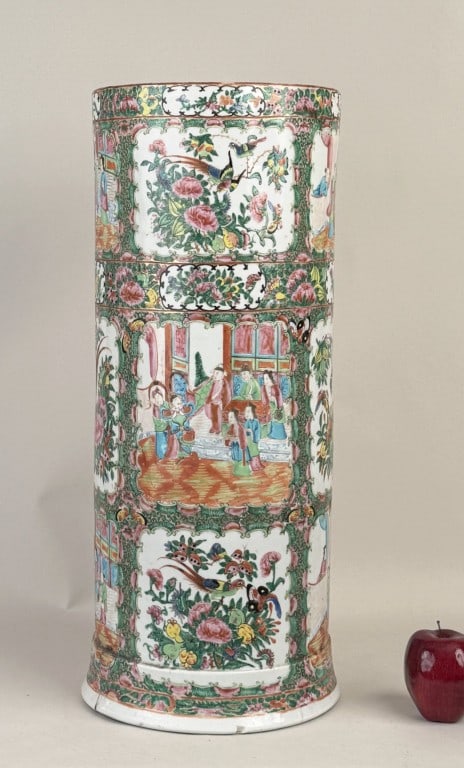 Chinese Rose Medallion Porcelain Umbrella Stand: large cylindrical form with famille rose design. 23 3/4" high, 10 1/4" diameter. Breaks to base area, poorly repaired.