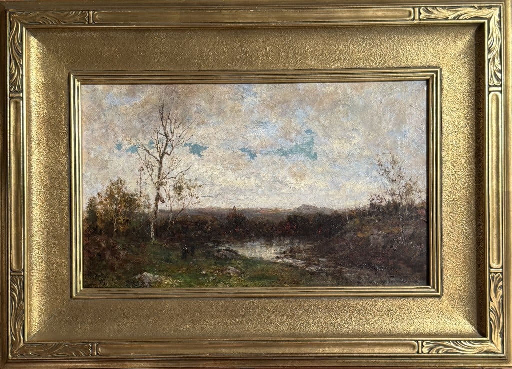 R.W. Van Boskerck, Landscape Painting: Robert Ward van Boskerck (Am. 1855-1932), oil on canvas of peaceful impressionistic landscape scene, signed lower right. Frame: 20 1/2" high, 28 1/4" wide; Sight: 11 1/2" high, 19 3/8" wide.