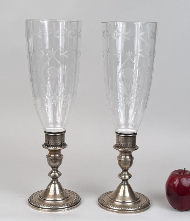 Pair Sterling Candlesticks, Etched Glass Shades (1 of 6)