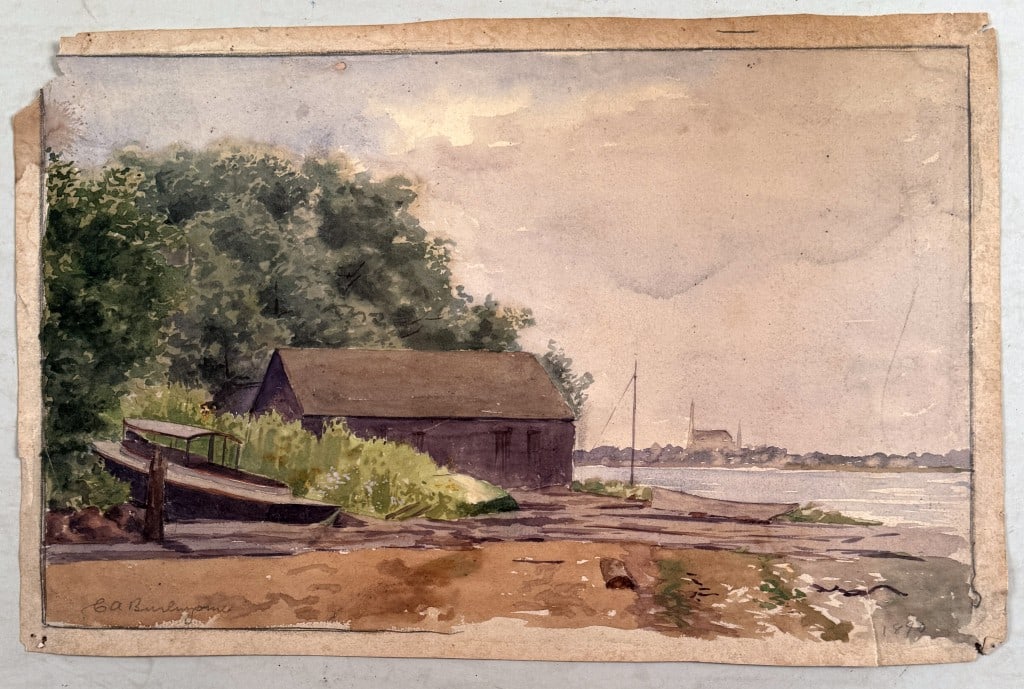 C.A. Burlingame, Coastal Scene, 1890: Charles A. Burlingame (American, 1860-1930), watercolor on paper, signed lower left and dated lower right. 9 1/2" high, 13 1/2" wide. Losses to corners, toning to paper.