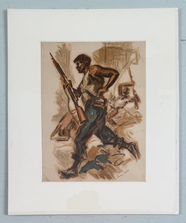 Possibly Carlo Sim, Spanish Republican Soldier: Carlo Sim (Spanish 20th C.), ink and gouache on paper, signed lower right "Sim" and dated '36. Image: 11 1/2" high. Overall: 17 1/2" high, 14 1/2" wide.