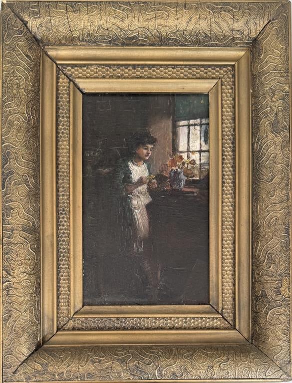 R. Bunner, Interior Scene, Girl At Window: Rudolph Bunner (American, 1860-1931), oil on board, signed lower right and verso. Frame size: 16 1/2" high, 12 1/2" wide. Craquelure, small edge losses.