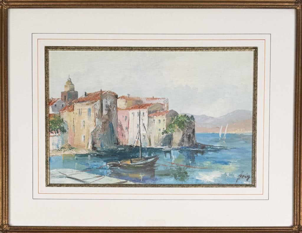 Illegibly Signed St. Tropez Port Scene: boat tied to shore, illegibly signed lower right. Appears to be St. Tropez, or similar town on Cote D'Azur. Oil on canvas. Frame size: 16" high, 20 3/4" wide. Craquelure. Not examined out of frame.