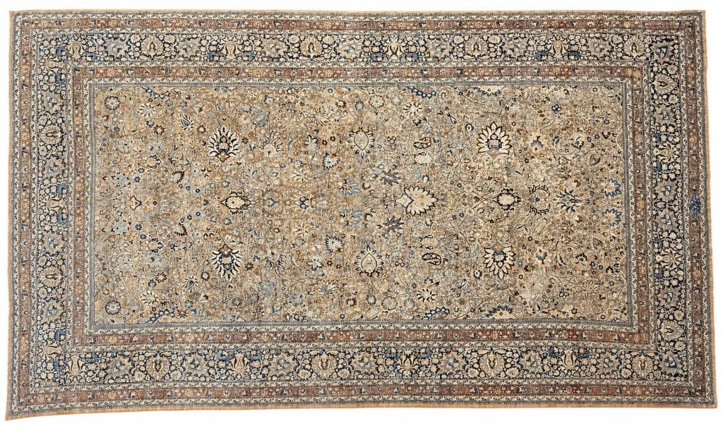 Signed Indo-Persian Large Room Size Carpet: signed in cartouche at one end; possibly Kashan or Indo-Keshan. 19' 11" long, 12' 11" wide. Variations in color, areas of low pile, tobacco scent. All rugs sold as is.