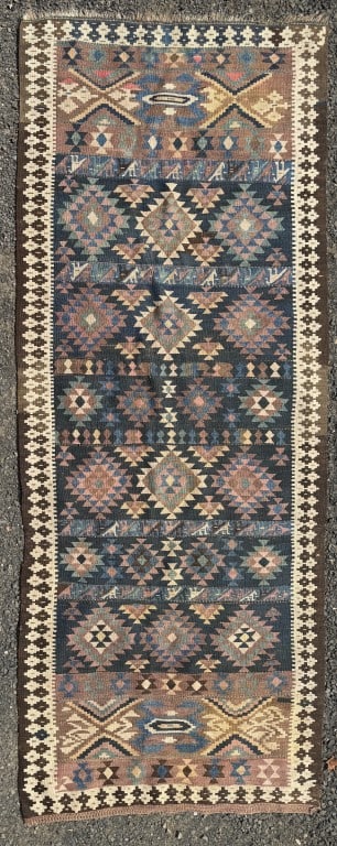 Kilim Runner Carpet: 10' 8" long, 4' 1/4" wide. Light color variations. All rugs sold as is.