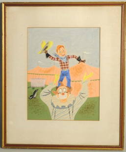 Art Seiden, Tempera/Paper Howdy Doody & Clown: Art Seiden (Am. 1923-2004) illustrator, framed tempera on paper of Howdy Doody atop a clown, signed in ink "Art Seiden" lower right, not examined out of frame. Sight: 9 1/2" wide, 11 3/4" high;