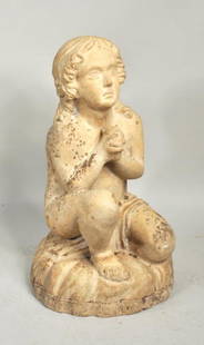 Terra Cotta Statue of Girl on Pillow, Philadelphia: Terra Cotta garden figure of girl on pillow, Philadelphia, 19th century. 30" high, 16" wide. Condition: loss to left shoulder, chips, stains, exposure wear from elements.