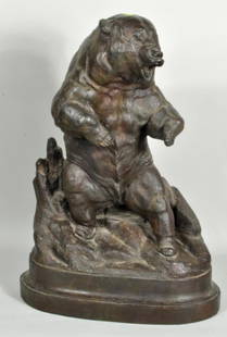 J.L. Clarke, Signed Grizzly Bear Bronze: James Lippit Clarke (Am. 1883-1969) bronze casting "Grizzly Bear", signed on base "(c) Jas. L Clark SC". 23 1/2" high, 16 1/2" wide, 9 1/2" deep. Clark studied at the Rhode Island School of Design