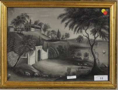 American Sand Painting of Mount Vernon: Large American sand painting, "Mount Vernon", 19th century, unsigned, framed, not examined out of frame. Sight: 14" high, 19 3/4" wide; Frame: 17 1/4" high, 22 3/4" wide. Condition: several small