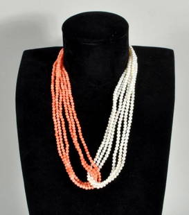 Pearl & Coral Necklace: Pearl and coral necklace with gold vermiel clasp, beads approximately 3M. 19 1/2" long