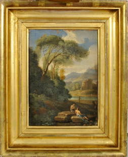 Possibly Abraham Genoels Oil on Canvas: Possibly Abraham Genoels (Flemish 1640-1723) "Figures in a Landscape, Castle, and Mountains Beyond", oil on canvas, on canvas verso "A Genoel Pinxit". Sight: 11 1/4" high, 8 1/2" wide; Frame: 18 3/4"