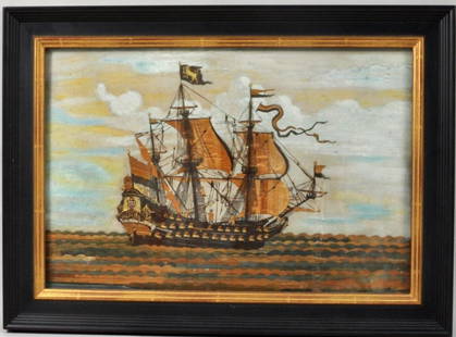 French Straw Work Picture of Three Mast Ship: French straw work picture, 19th century, of a three mast ship "Amelia", with hand painted background of sky. Sight: 12" high, 18 1/2" wide; Frame: 16 1/2" high, 23" wide. Condition: scattered small