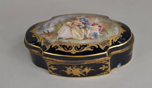 French Porcelain Sevres Style Covered Box: Large French porcelain Sevres style hand painted and gilt decorated box, 20th century, lid with scene of couple in a landscape enclosed in a raised gilt surround, Sevres pseudo mark on base, paper