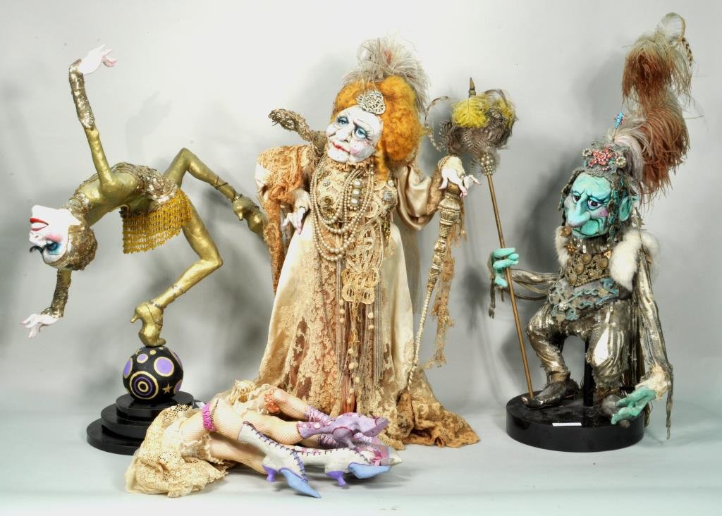 Group Four Artist Made Marionettes: Group of four whimsical marionette sculptures, 20th century, in the style of Waylande Flowers, creator of "Madame", comprising: "20's Dancer", "Elizabethan Lady", "Elf", and "Chorus Line". Lady and Da