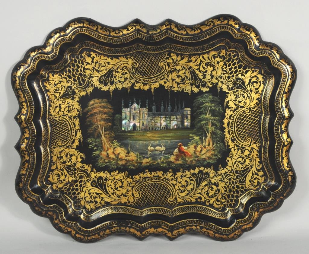 English Mother of Pearl Inlaid Papier Mache Tray: English mother of pearl inlaid, painted and gilded papier mache tray, 19th century, with central scene of fisherman, swans, and gothic estate in a gilt scrollwork and leaf border with scalloped edge. 